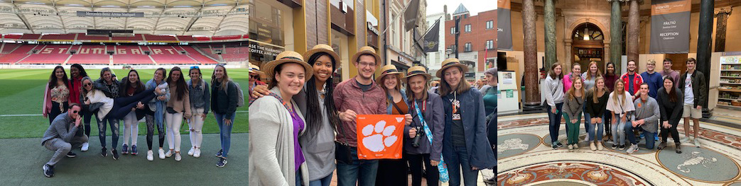 Images of students in groups at study abroad locations. One person is holding a Clemson Tigers flag. 