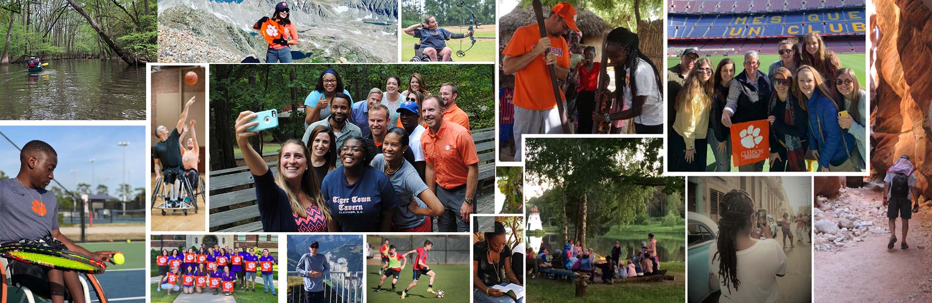 A collage of photos with people playing sports, traveling, posing as a group, golfing and hiking. 