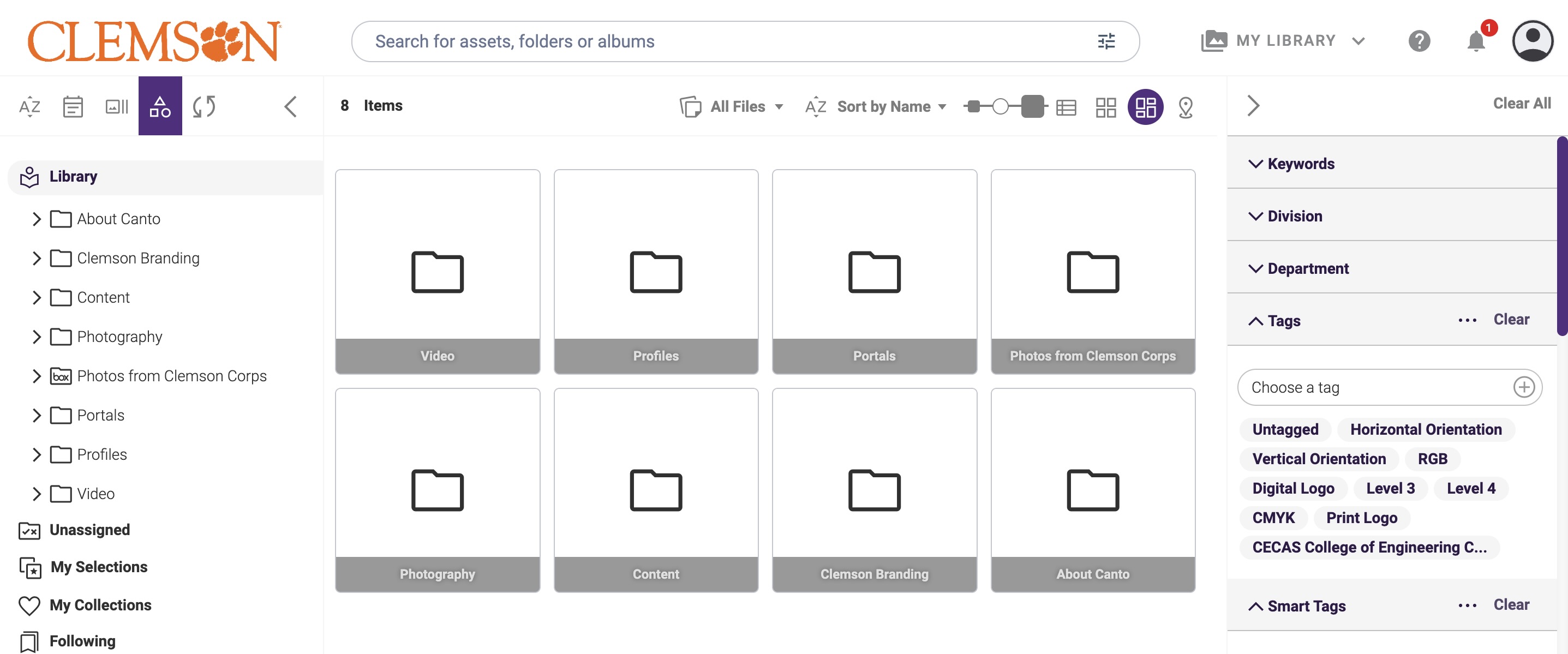Screenshot of the Canto Portal with folders of logos and assets