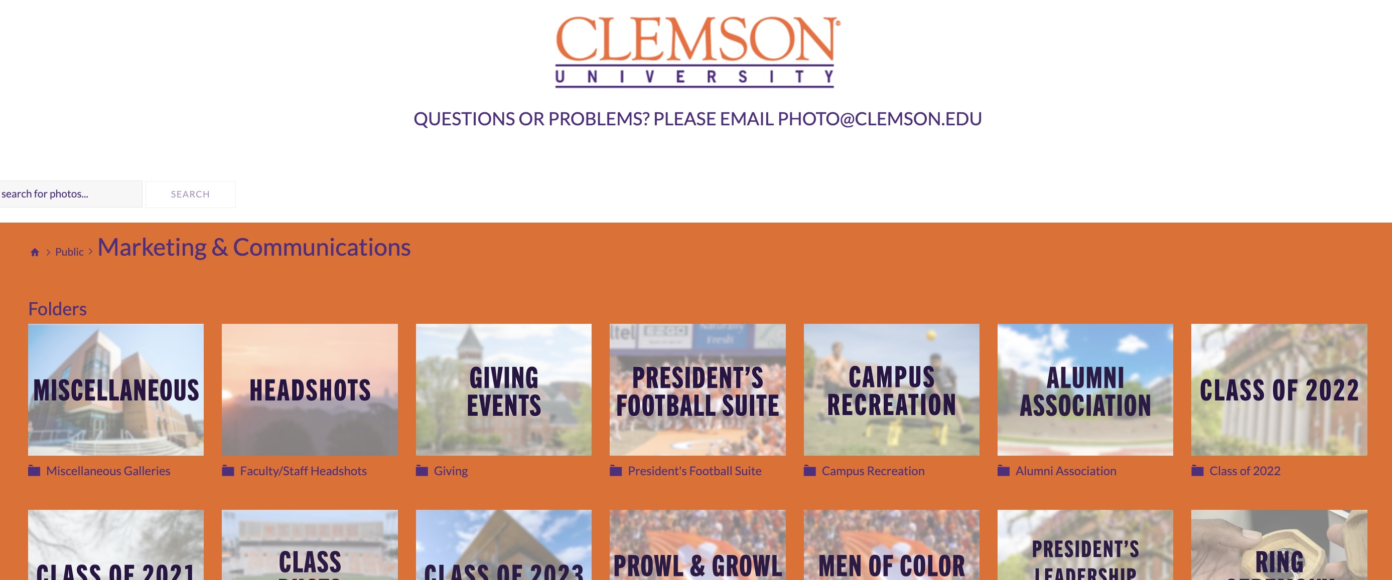 Screenshot of the Clemson Public Smugmug Portal
