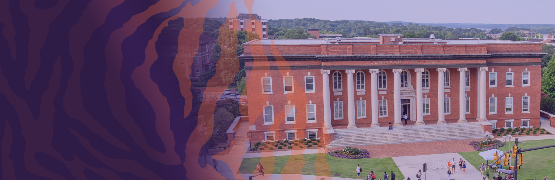 Sikes Hall with a orange and purple tiger stripe overlay.