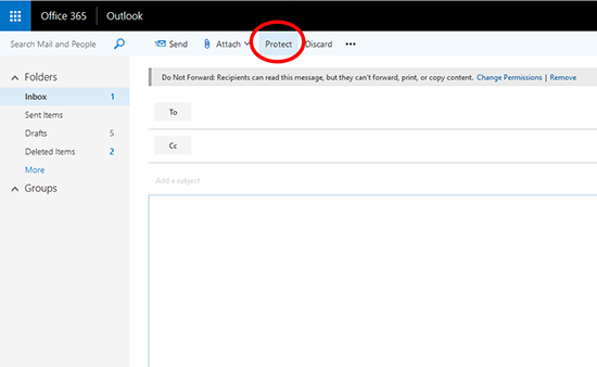 Screenshot of Office 365 Outlook with Protect highlighted in the top navigation