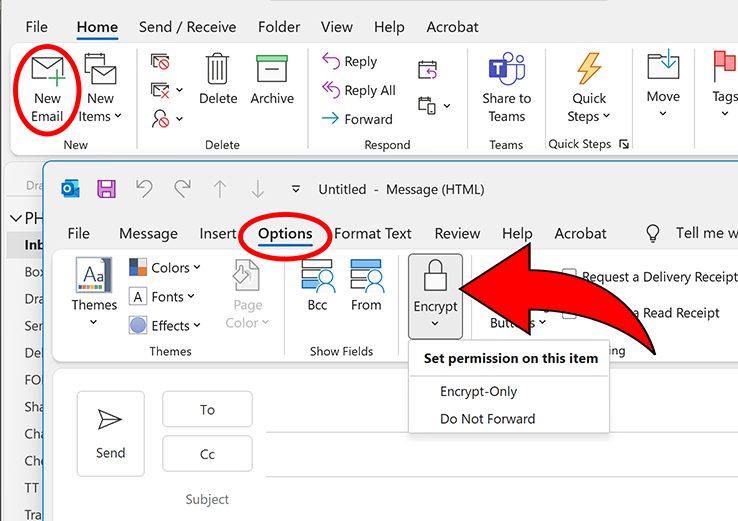 An arrow showing the 'Encrypt' option on Microsoft Outlook that is located under the options tab on a new email window.