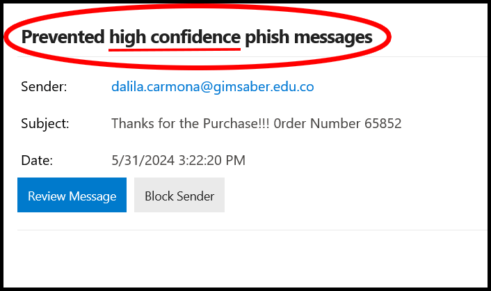 Screenshot of high confidence email notification