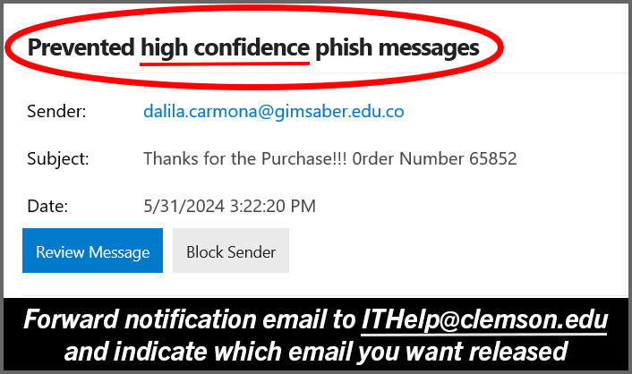Screenshot of an email notification warning about prevented high confidence phishing messages.