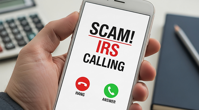 Hand holding a phone that is displaying text that says - Scam! IRS calling
