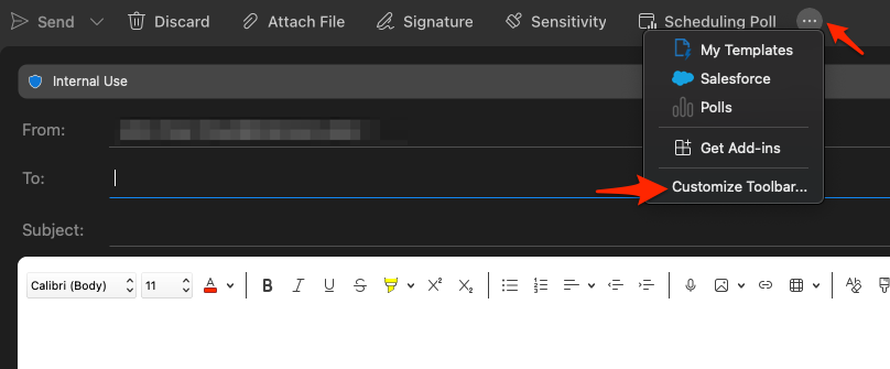 Screenshot of Outlook for Mac showing the customize toolbar option on the dropdown menu.