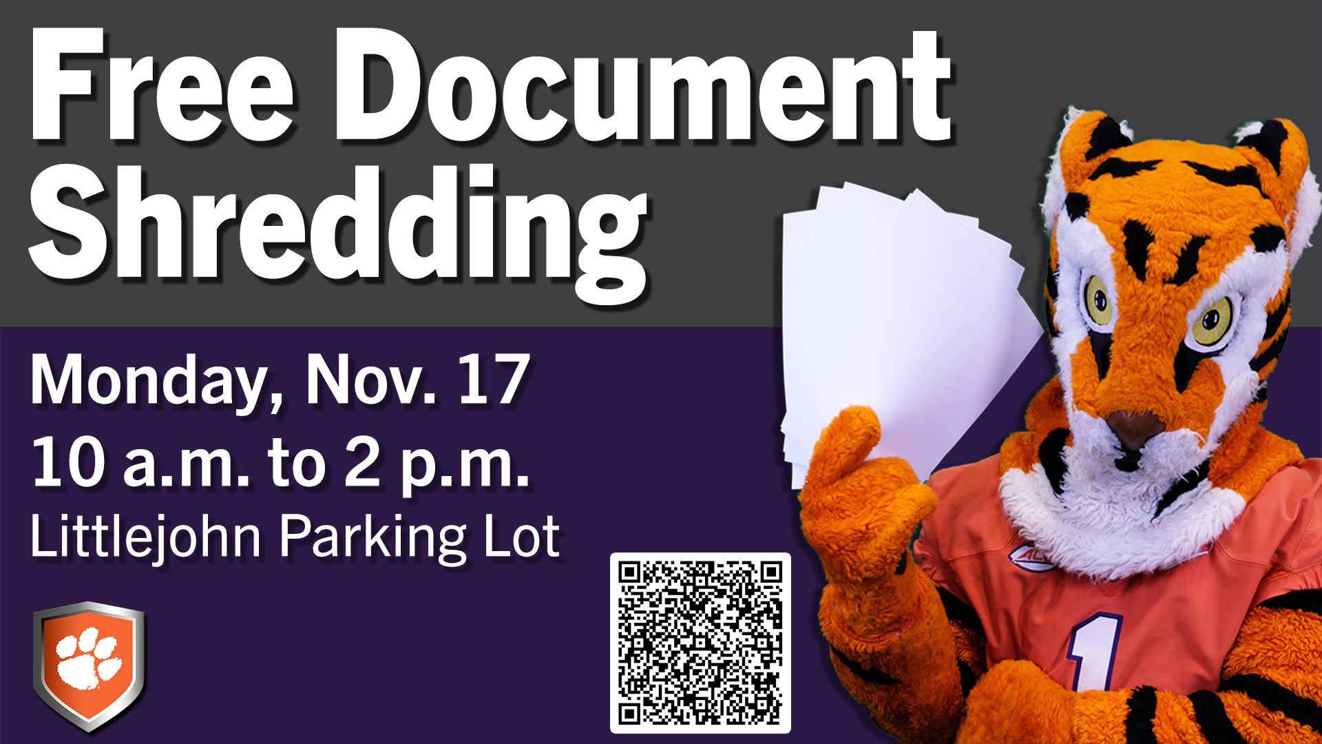 Image advertising the free document shred day on Monday November 17th from 10am until 2pm at LIttlejohn.