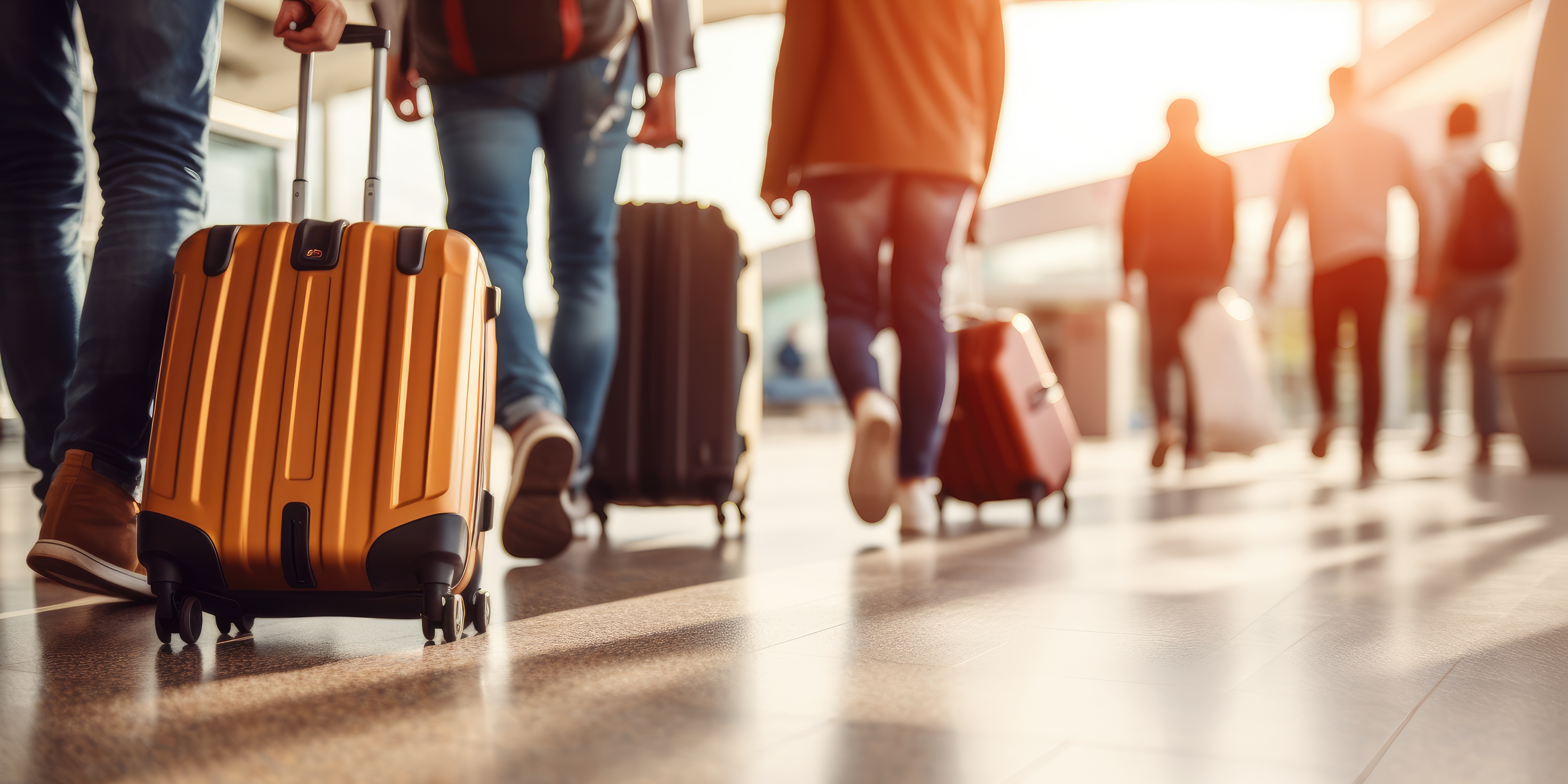 Slightly blurred image of people walking in an airport.