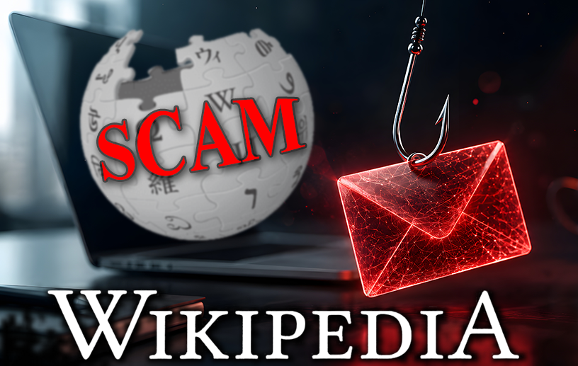 Wikipedia logo with the word scam and an email icon.