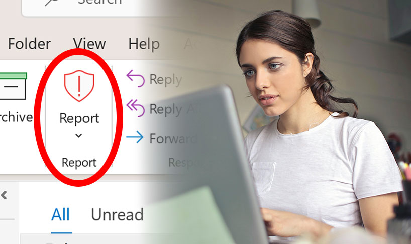 Woman working on computer with the Report button in Outlook highlighted