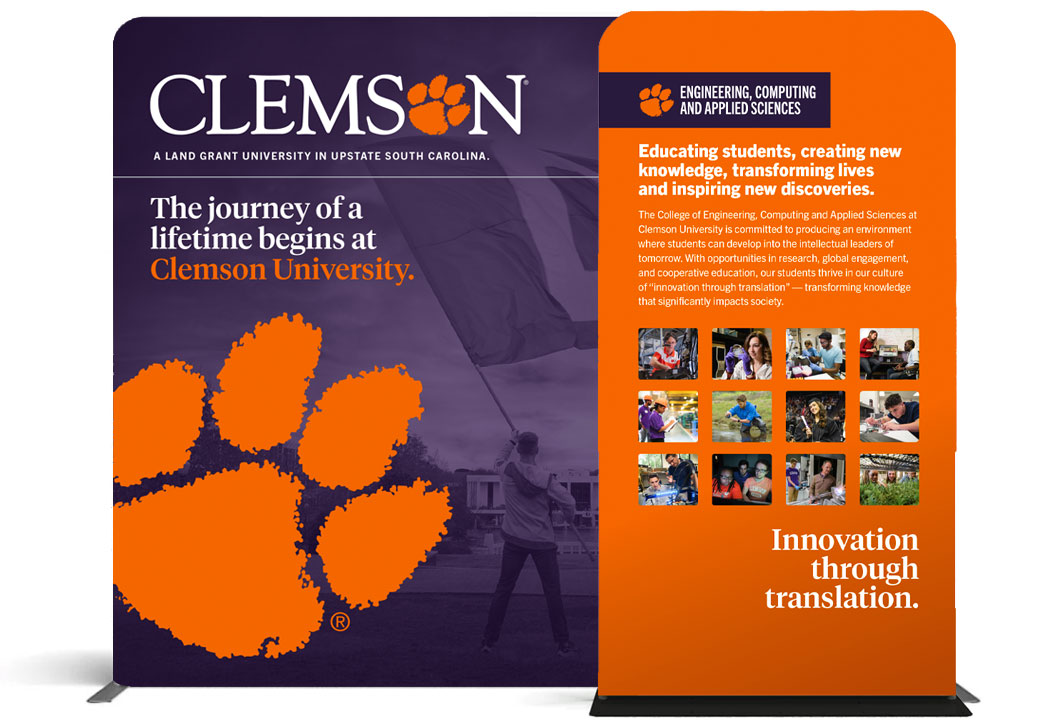Event display featuring a large purple backdrop with a photo of a student waving a large Clemson flag and a smaller overlapping backdrop with images of students from different engineering majors.