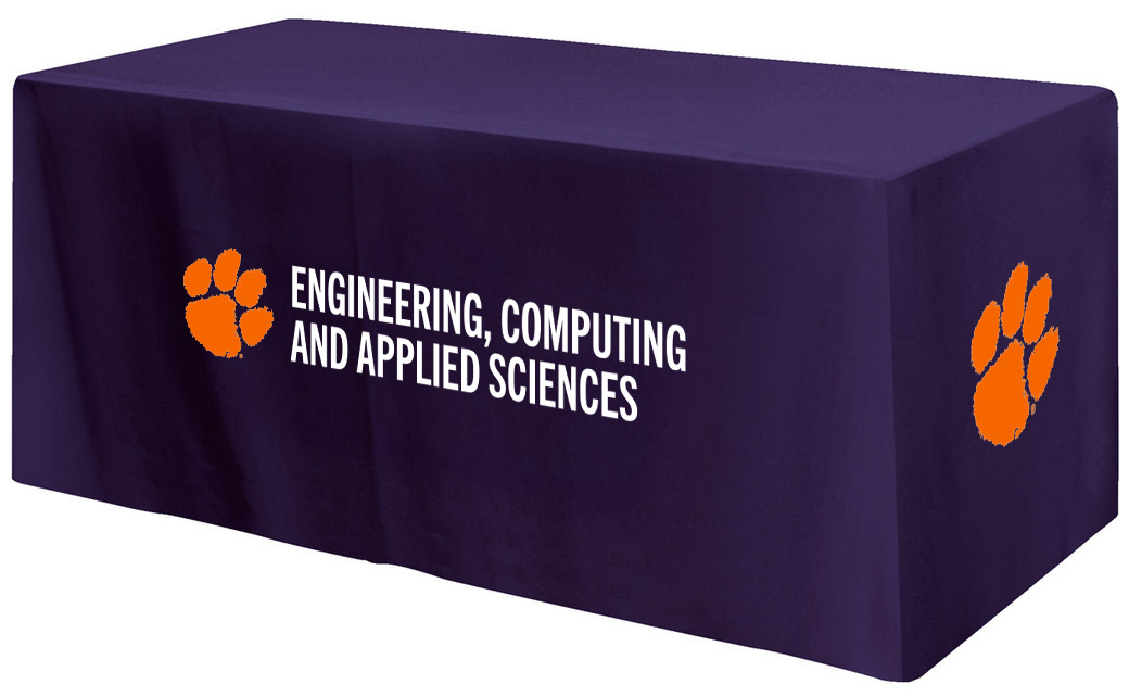 Table covered in an purple cloth featuring the CECAS logo on the front