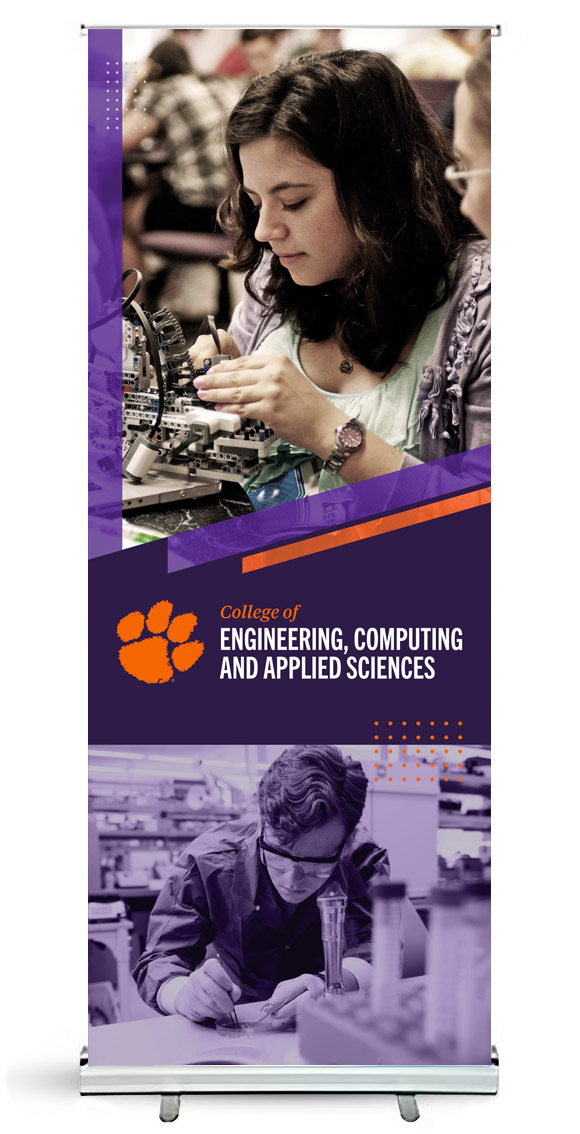 Pop-up banner featuring a female student working on robotics
