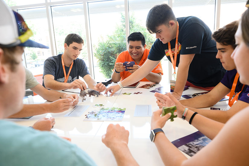 Students participate in orientation team-build workshop.