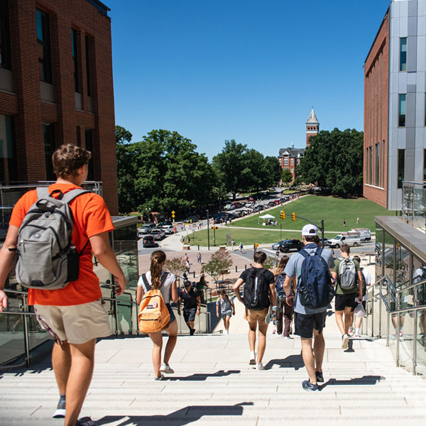 Students walking down stairs towards Bowman