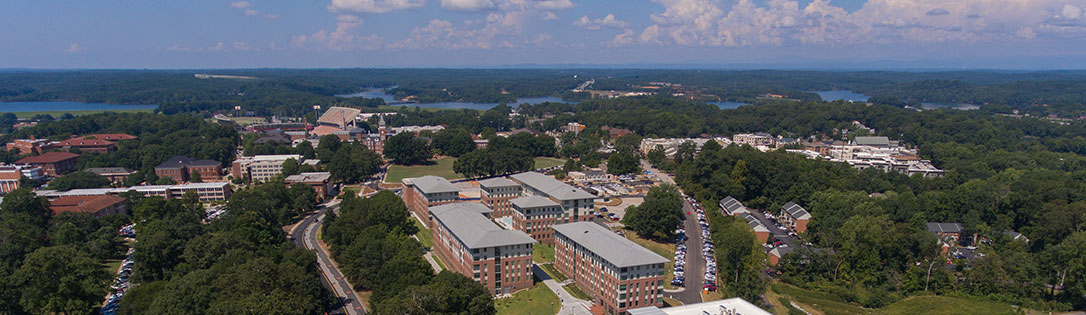Ariel view of campus from Douthit towards lake.