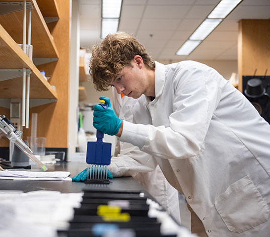 Student in lab using a multi pipette dropper.