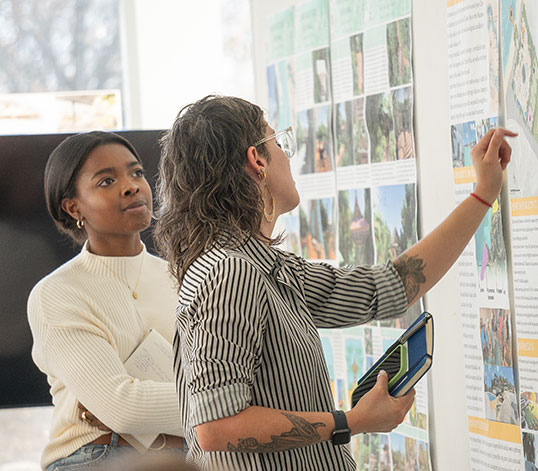 Two reviewing project material at the board