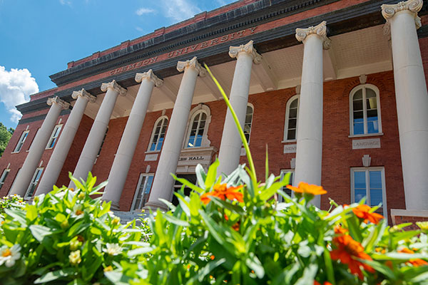 Sikes Hall with flowers in forefront