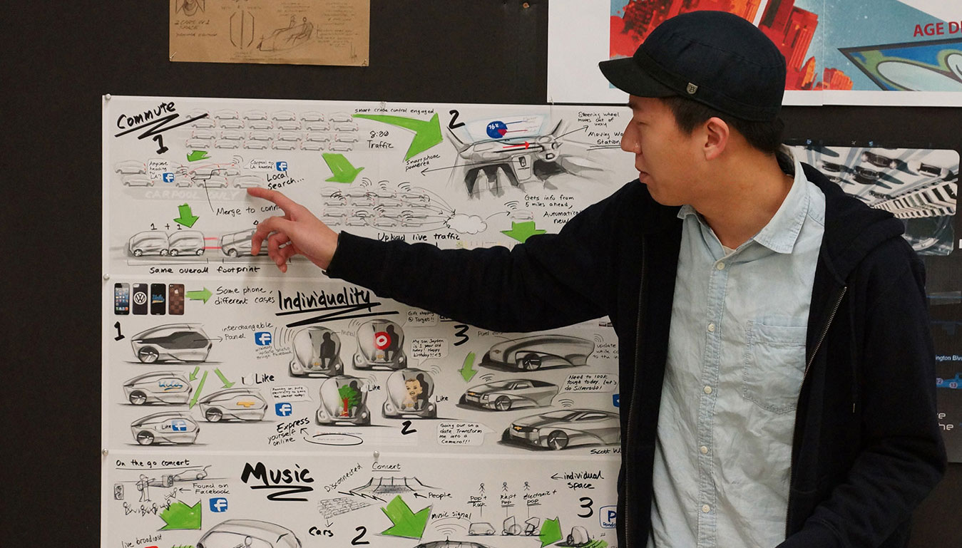 Student explains his concept drawings during a presentation