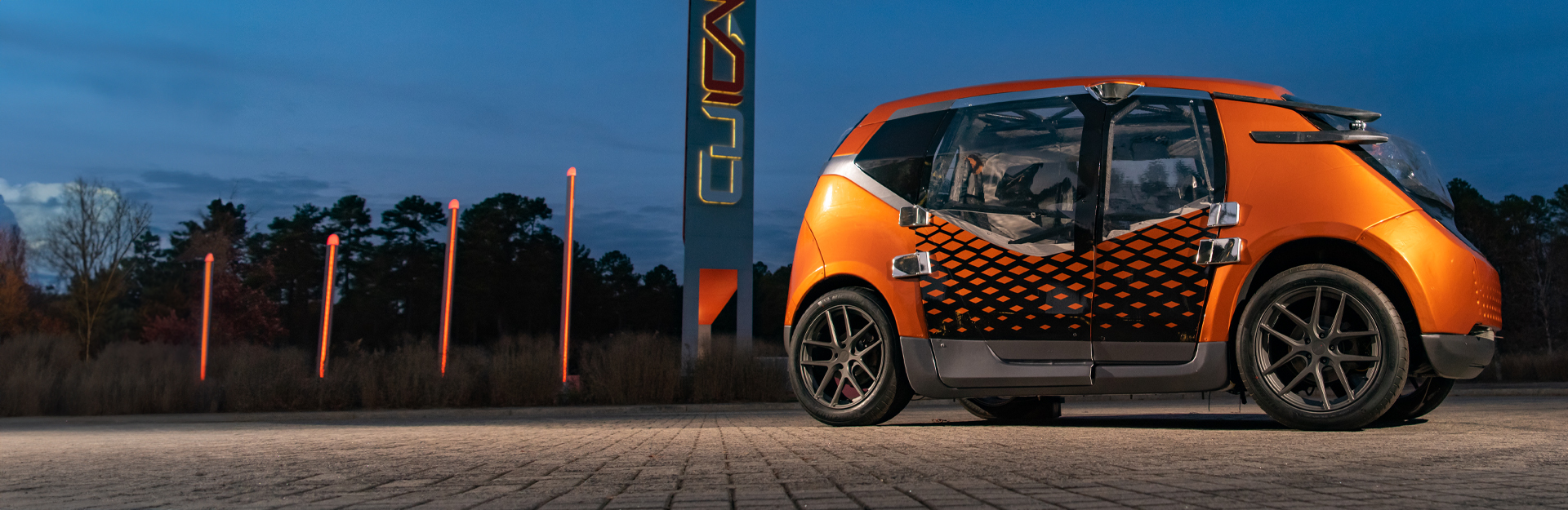 Deep Orange 11 Concept Vehicle at night on the CU-ICAR campus