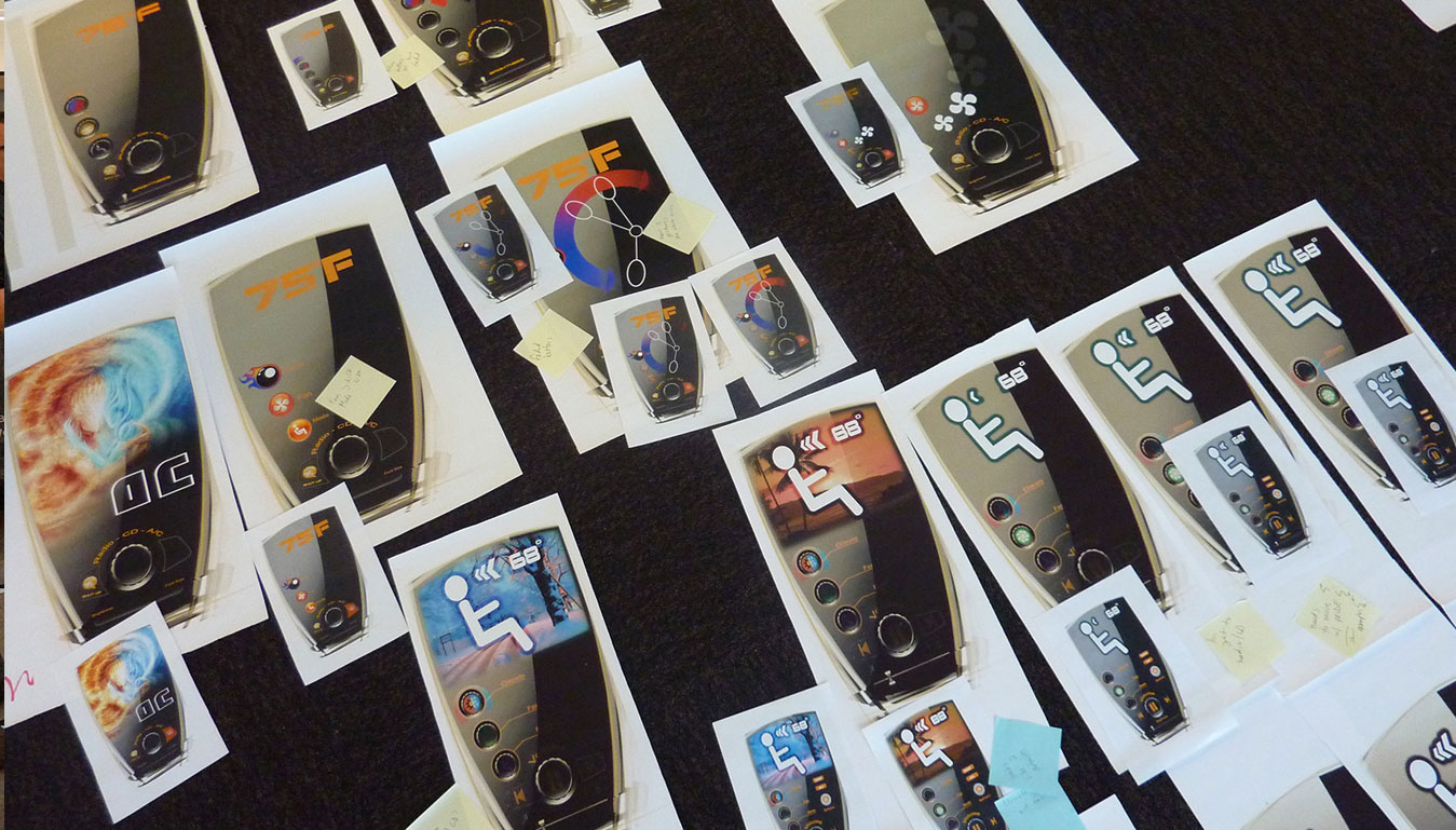 Table covered with paper prototypes for review