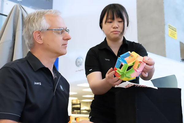 Yang working on research with faculty member.