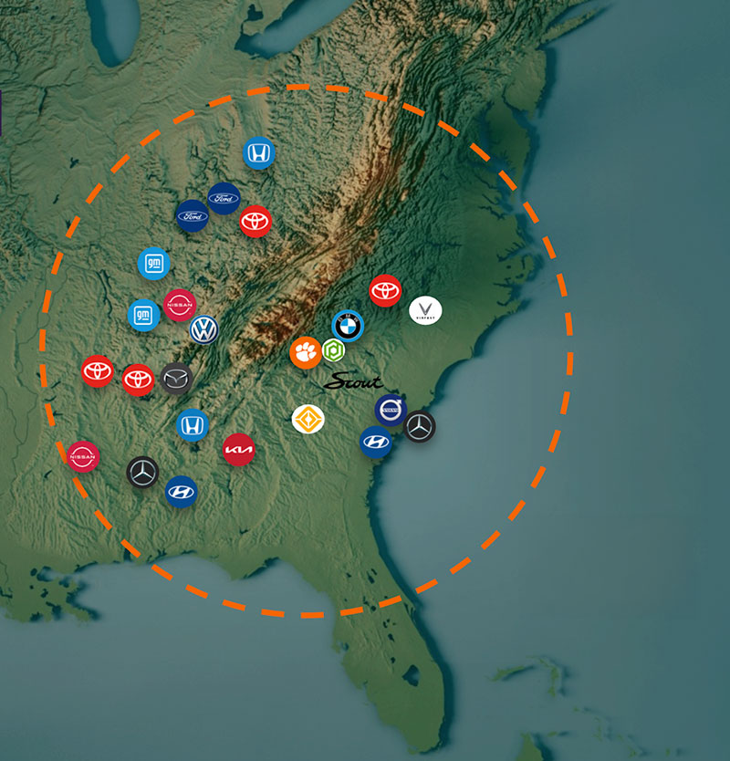The Southeast is home to a growing number of OEMs within 500 miles of Clemson.