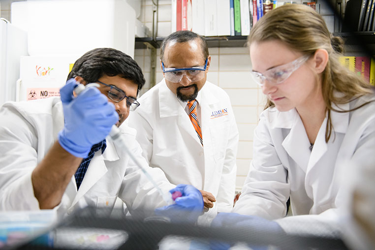 Students in lab working with faculty member