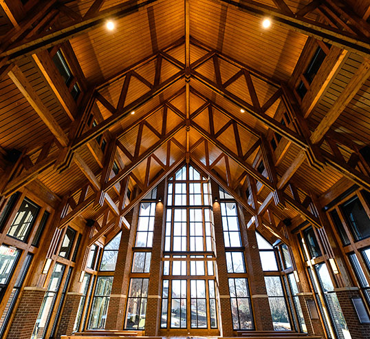 Looking up towards the ceiling of the Chapel on campus.