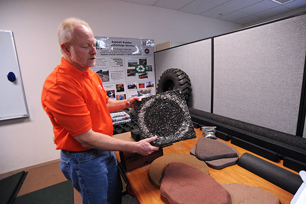 Inside the ARTS building with samples of materials.