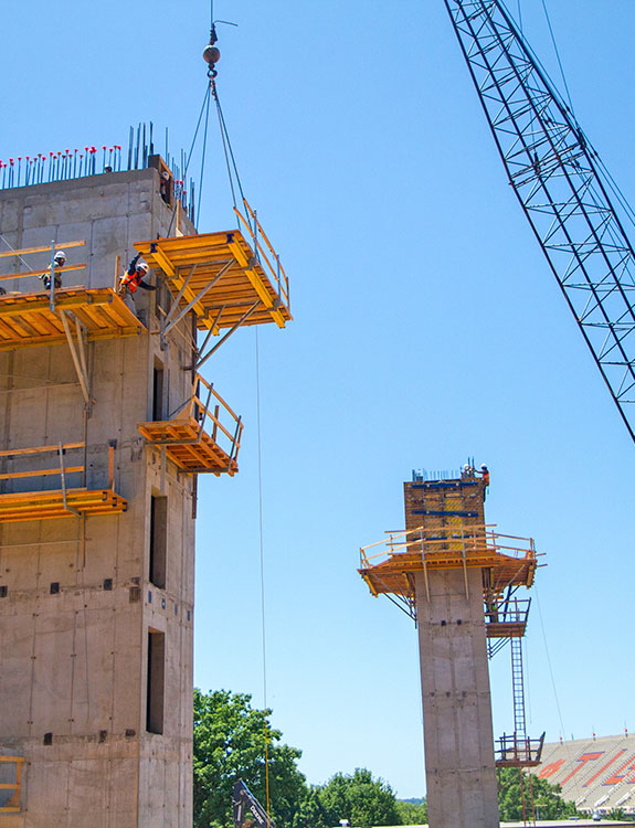 Cement towers near stadium.