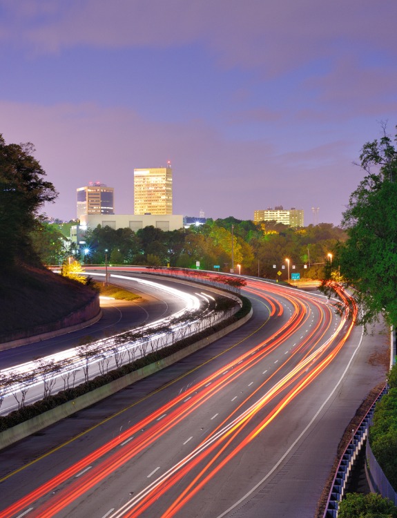 Traffic trailing lights seen going towards downtown Greenville, SC.