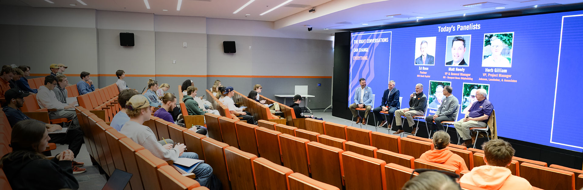 Career Panel speakers in front of a group of students in the Watt Auditorium.