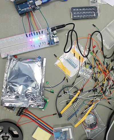 Close-up of a collection of computer gear