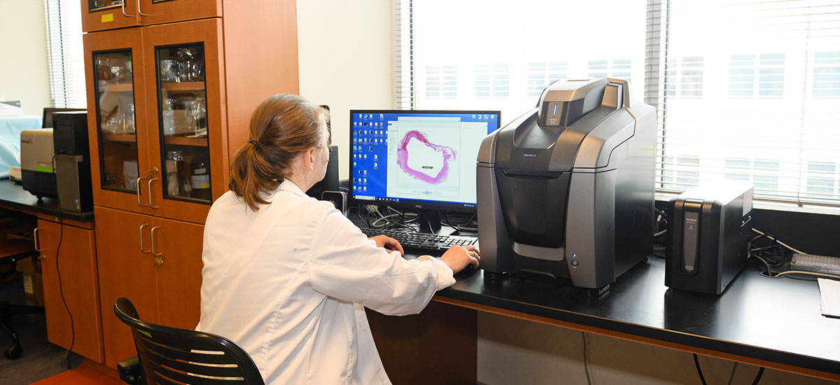 Female student sitting at computer in lab viewing data program