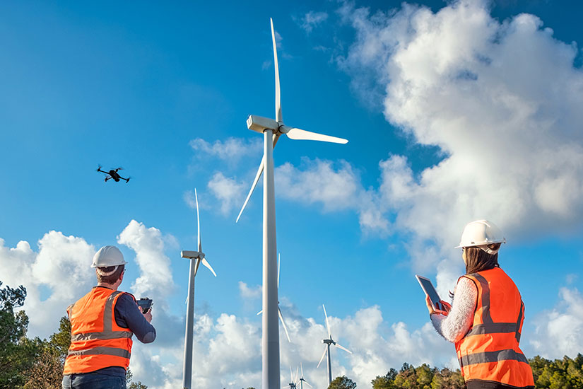 Two people standing outside looking at drone with wind turbines in background