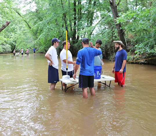 Two group of students in river testing quality.