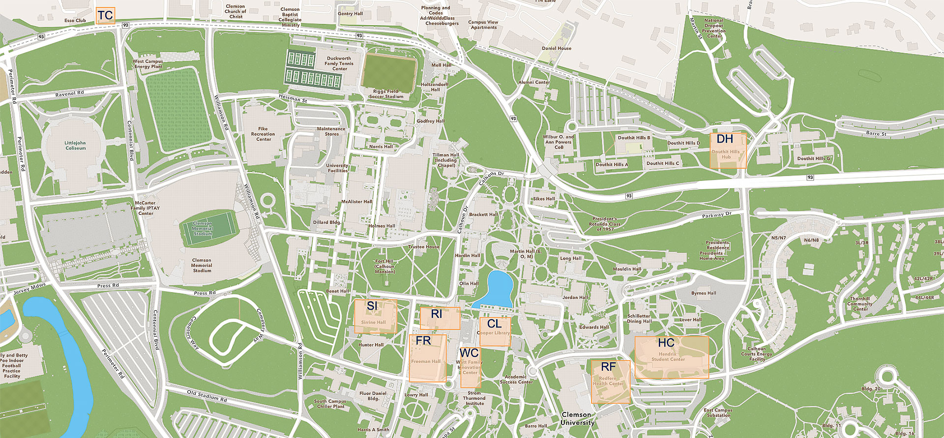 Campus with key landmarks noted