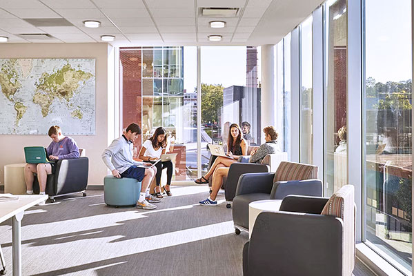 Students in the honors college studying in the open study area