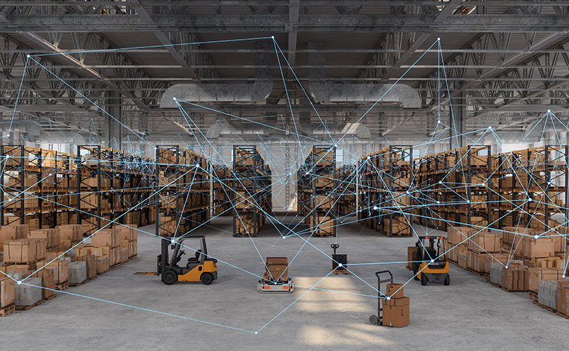 Inside warehouse with data points from equipment to products.
