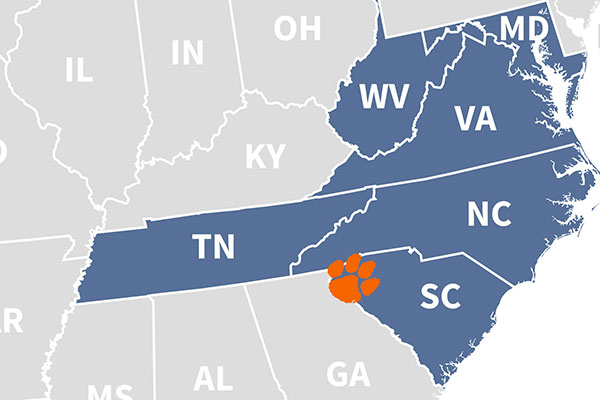 map of the Southeast, with TN, SC, NC, VA, WV, and MD highlighted