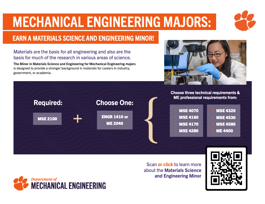 Take MSE 2100, plus ENGR 1410 or ME 2040, plus any of 8 other choices to receive an MSE minor.