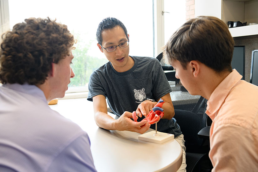 Two students looking at faculty-created research that uses a device for cardiovascular study.
