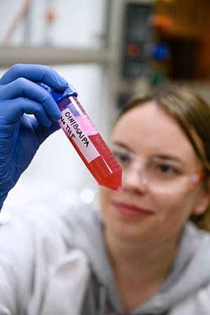 Students looking up towards liquid in tube