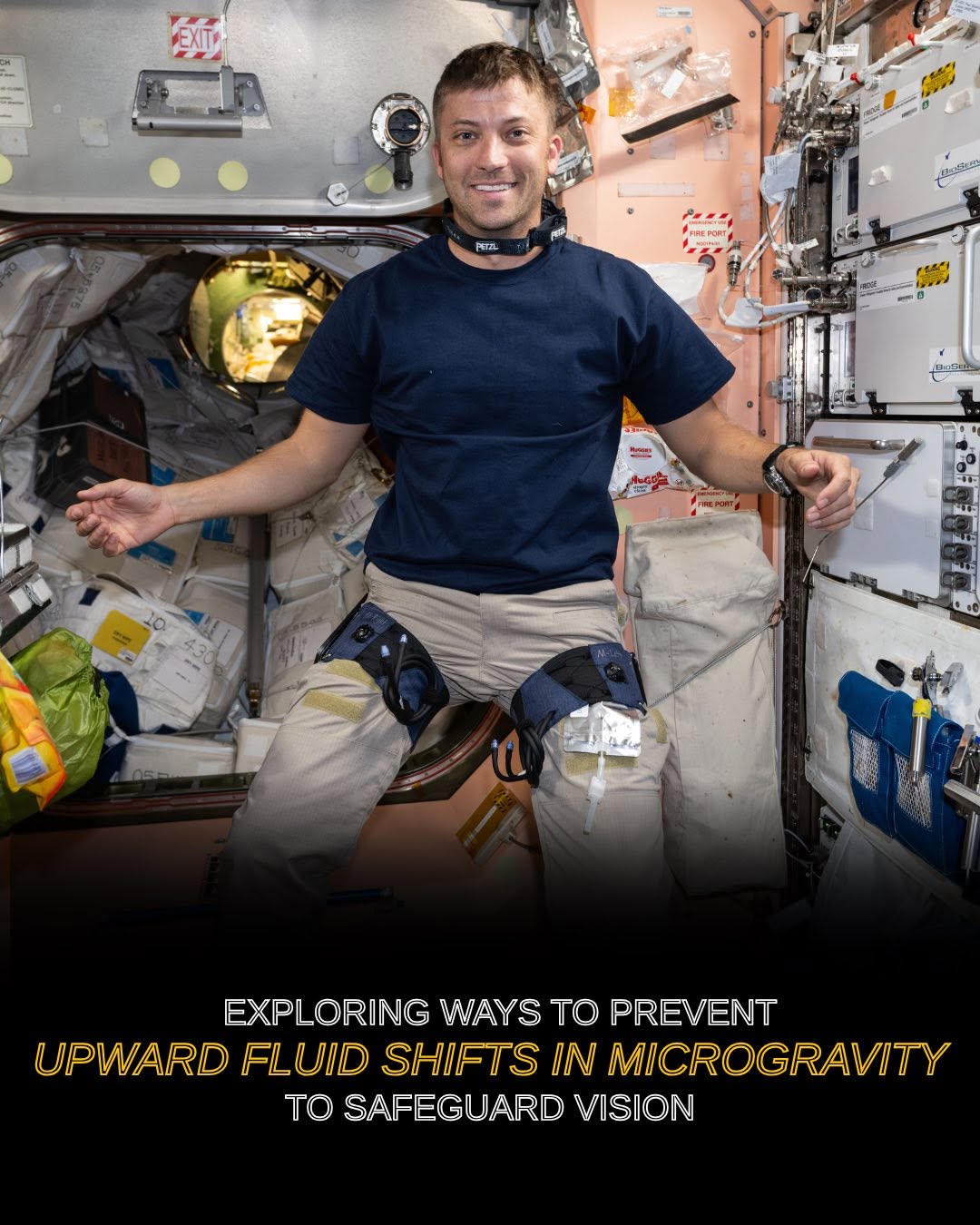 Astronaut wearing a thigh cuff on each leg.