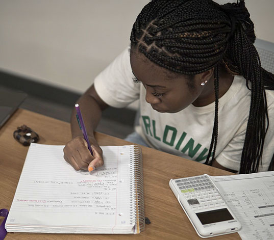Student reviewing her notes for class