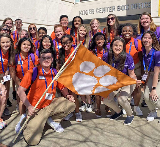 Students orientation ambassadors with Clemson Tiger flag