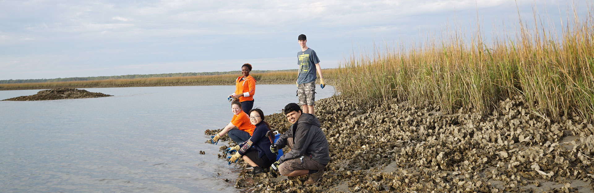 Group of students testing water along shoreline